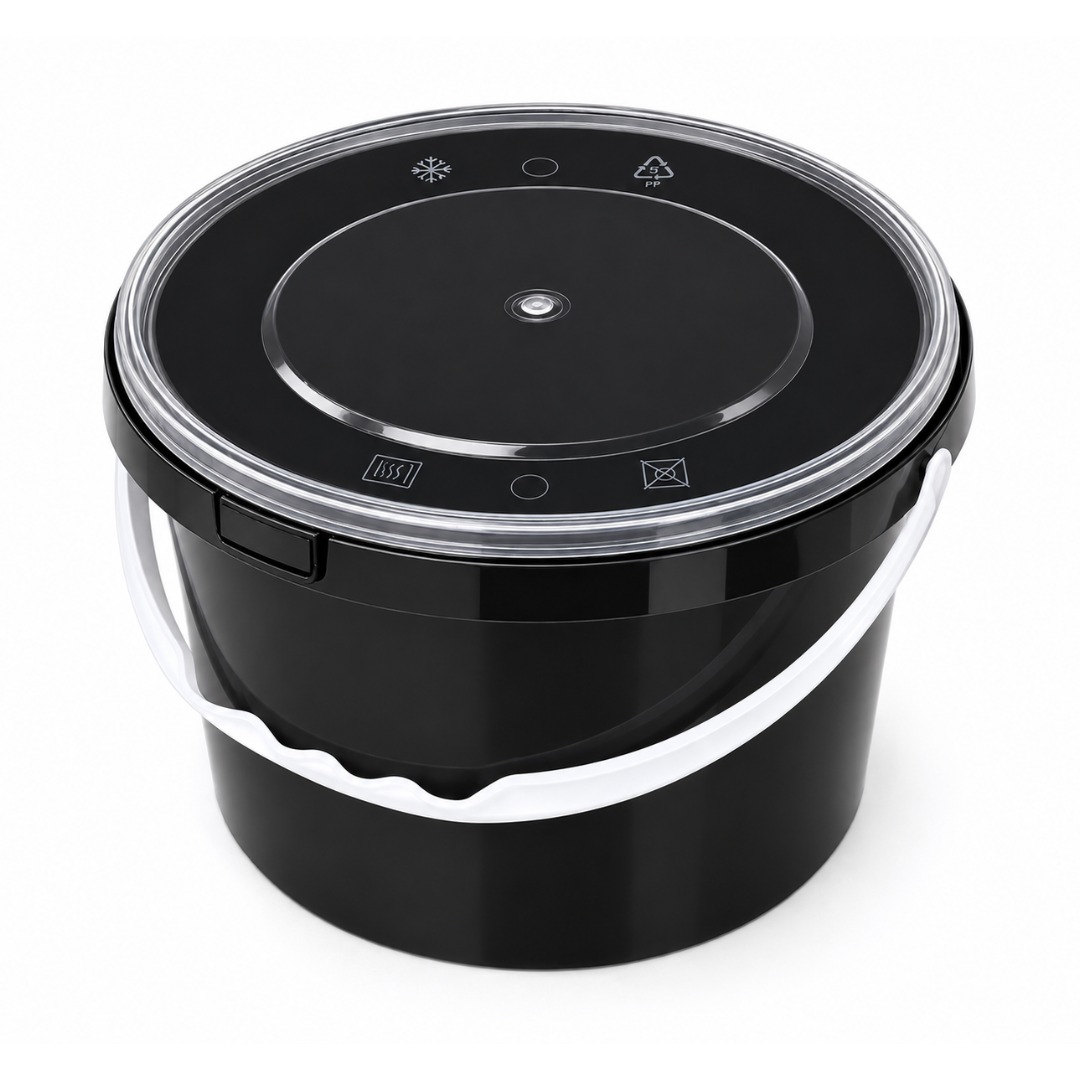 3200 ml Black PP Disposable Food Bucket with Tamper-Evident Lock & Lid