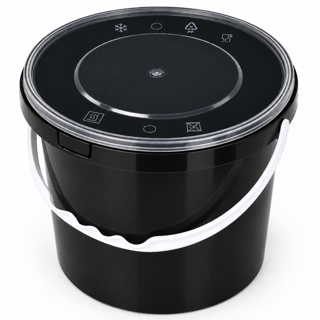 4500 ml Black PP Disposable Food Bucket with Tamper-Evident Lock & Lid