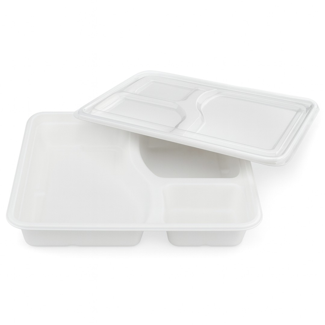 3 Portion White Bagasse Tray with lid